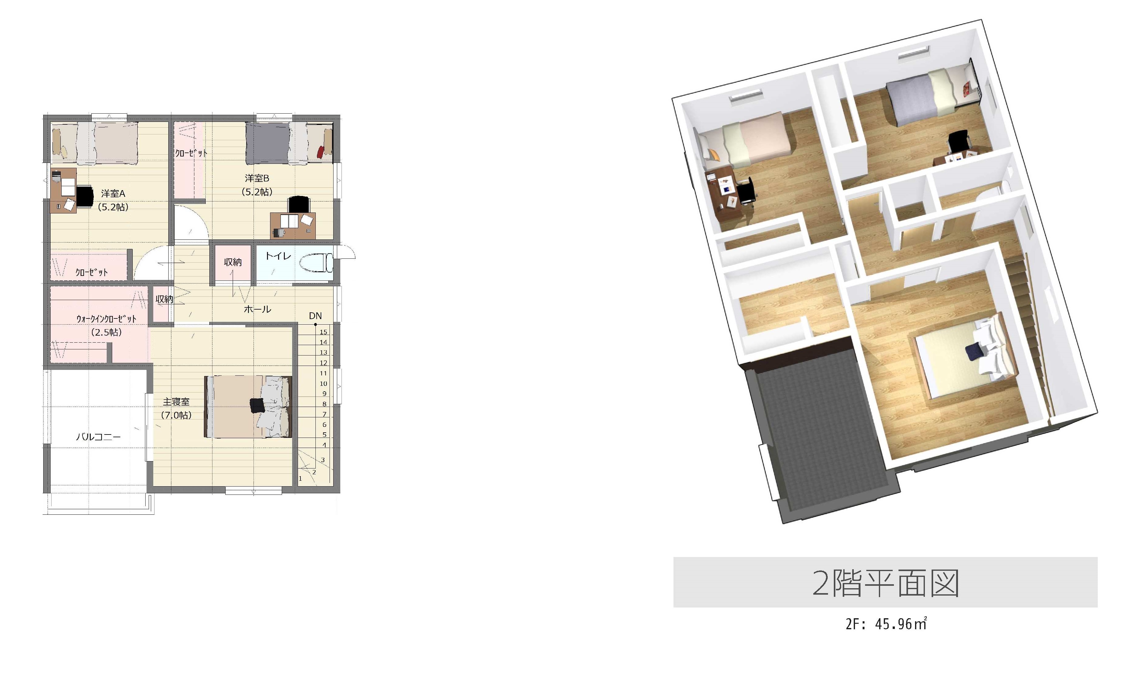建物プラン例・配置図1階面積50.51m2、2階面積45.96m2、延床面積96.47m2