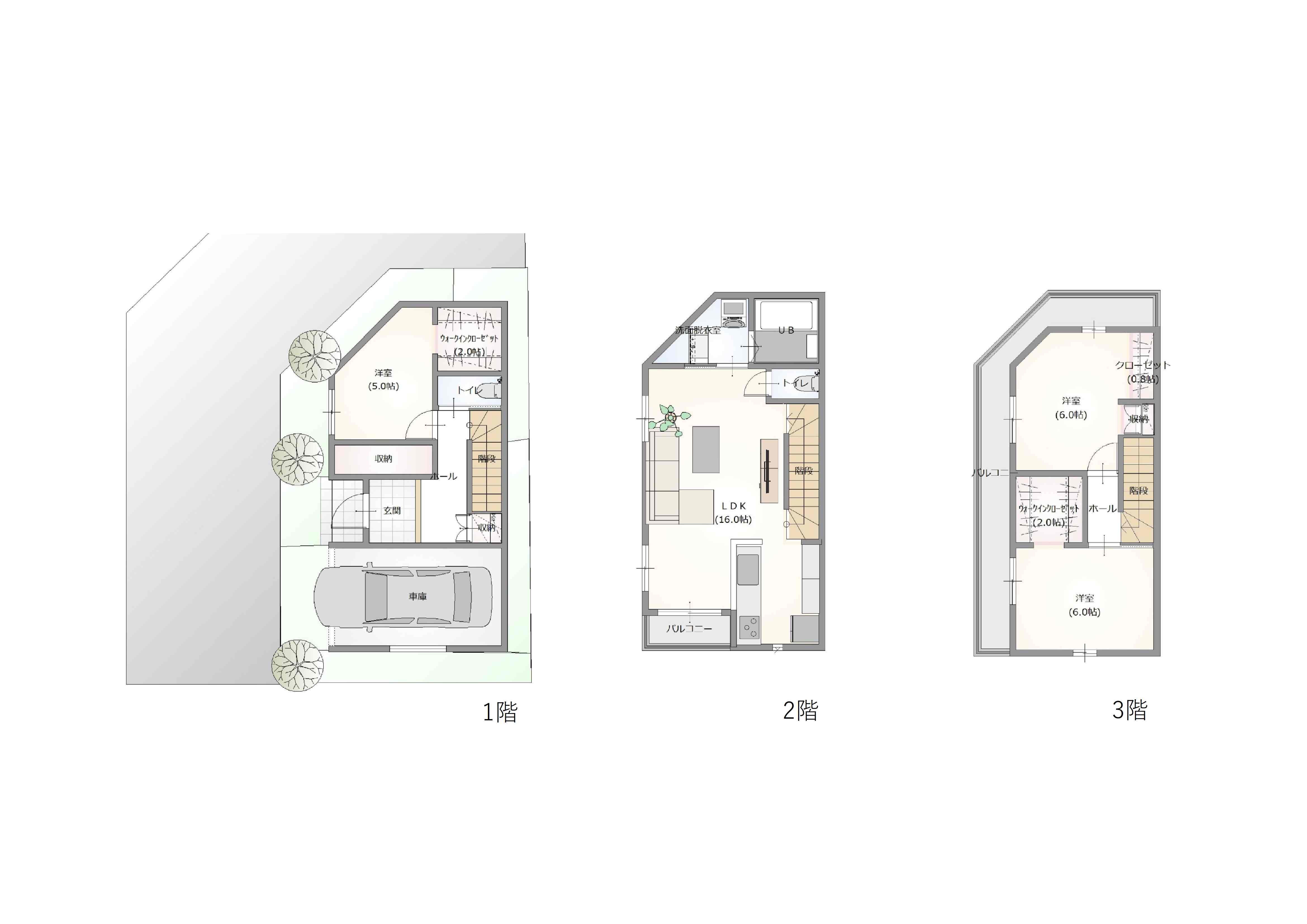 建物参考プラン例・間取3LDK1階：38.09㎡（11.50坪）2階：36.02㎡（10.87坪）3階：29.39㎡（8.87坪）延床面積：103.51㎡