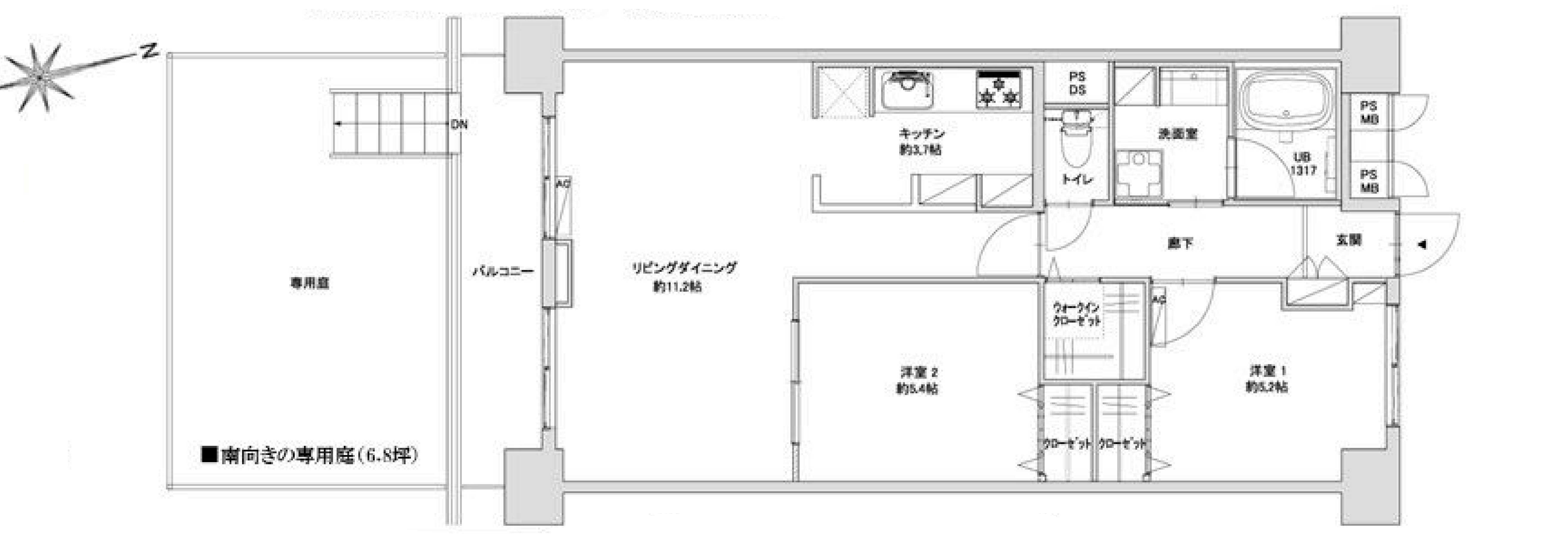 ウォークインクローゼットやトランクルーム(2.45平米)があり、豊富な収納で住空間もスッキリ。マンションに住まいながらもお庭でガーデニングなどがお楽しみ頂ける専用庭付のお住まいです。