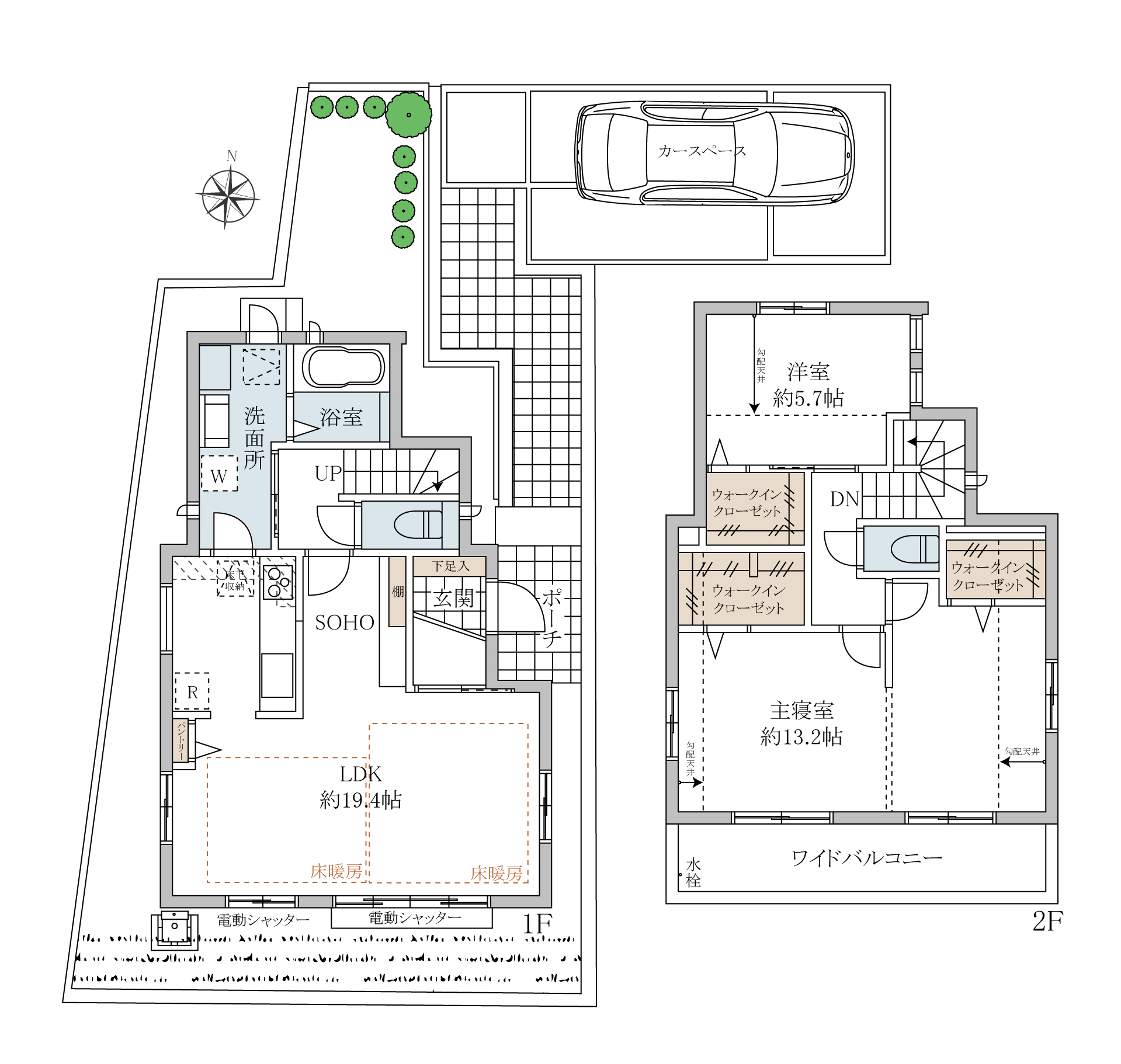 LDK19.4帖の広々空間　天井高2.7ｍ　3ウォークインクローゼットの収納力　家事導線の良い間取り