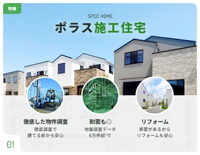 特徴01 SPEC HOME ポラス施工住宅 徹底した物件調査 徹底調査で建てる前から安心 耐震も◎ 地盤調査データ6万件超※で リフォーム 家歴があるからリフォームも安心